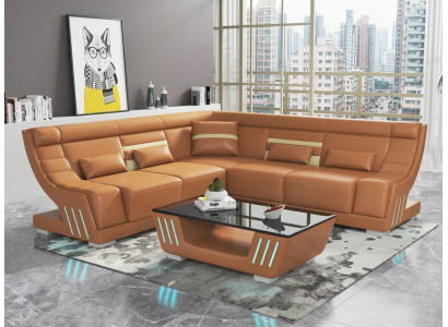 Leder Ecksofa L-Form Modern Braun Couchtisch LED Design Wohnzimmer Set