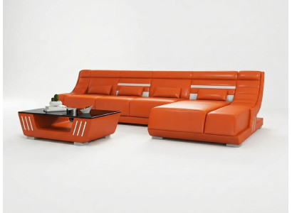 Leder Ecksofa L-Form Modern Sofa Orange Couch LED Design Wohnzimmer