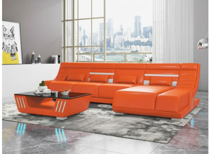 Leder Ecksofa L-Form Modern Orange Couchtisch LED Komfort Design Set