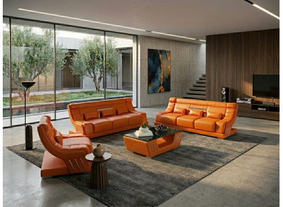 Leder Sofa Set 3+3+1 Modern Orange Couch Design LED Polstergarnitur