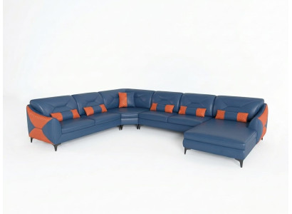 Leder Ecksofa U-Form Modern Blau Orange Couch Design Wohnlandschaft