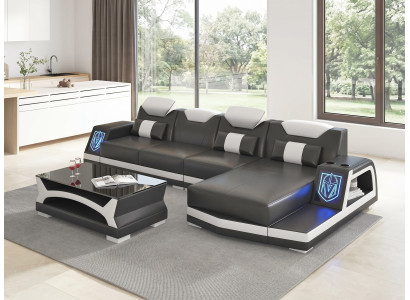 Ecksofa L-Form Schwarz Weiß Couchtisch LED Wohnzimmer Design Set Couch