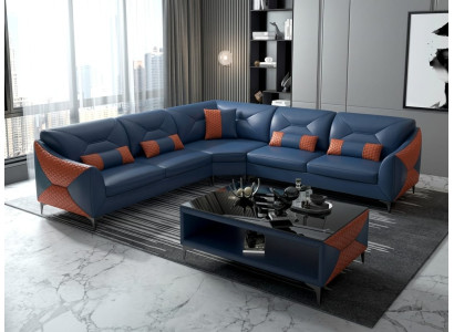 Leder Ecksofa L-Form Modern Blau Orange Couchtisch Design Wohnzimmer *