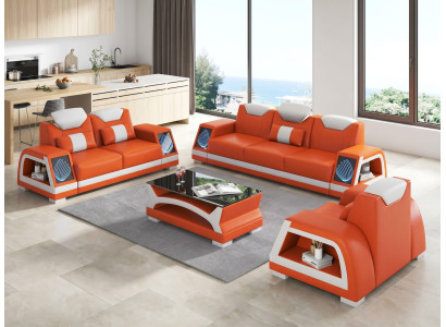 Modernes Sofa Set 3-Sitzer 2-Sitzer Sessel Orange Weiß LED Wohnzimmer *