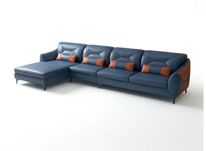 Leder Ecksofa L-Form Modern Blau Orange Couch Design Sofa Wohnzimmer *
