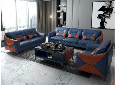 Leder Sofa Set 3+2+1 Modern Blau Couch Design Komfort Polstergarnitur *