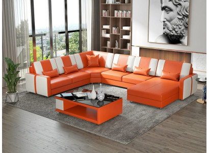 Leder Ecksofa U-Form Modern Orange Couchtisch Design Wohnlandschaft *