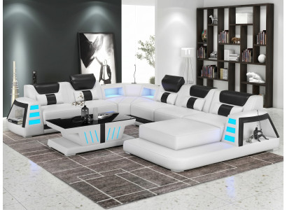 Modern Wohnlandschaft U-Form Couchtisch LED Schwarz Weiß Sofa Set *