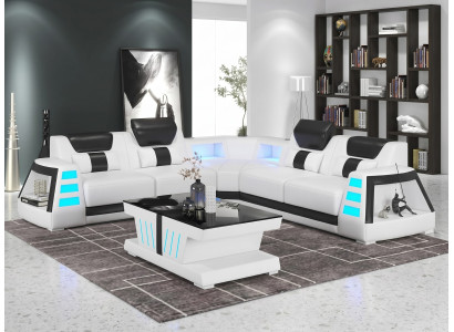Ecksofa L-Form Weiß Schwarz LED Couchtisch Modern Wohnzimmer Design *