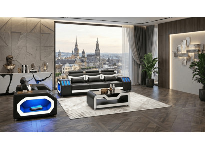 Sofa Set 3+1 Modern Weiß Schwarz Premium LED Luxus Komfort Elegant *