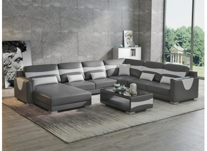 Leder Ecksofa U-Form Modern Schwarz Couchtisch Design Set Wohnlandschaft *