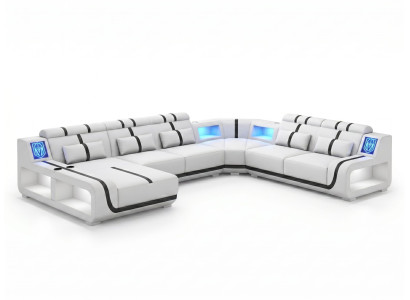 Wohnlandschaft U-Form Weiß Schwarz LED Modern Sofa Couch Set *