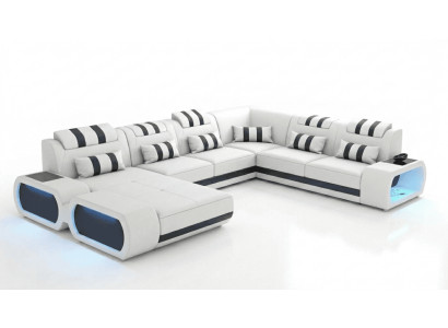 Modern Wohnlandschaft U-Form Weiß LED Sofa Set Couch Exklusiv Design *