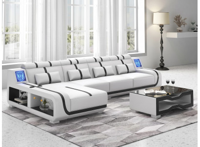 Ecksofa L-Form Weiß Schwarz LED Couchtisch Wohnzimmer Design Möbel *