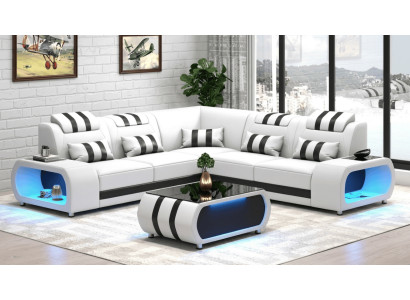 Modern Ecksofa L-Form Couchtisch Weiß LED Sofa Set Couch Exklusiv Top *