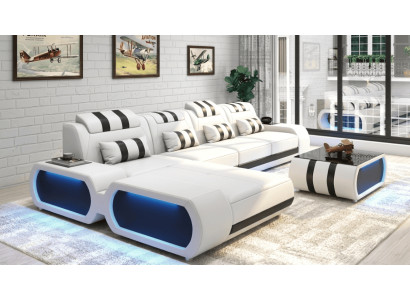 Modern Ecksofa L-Form Couchtisch Weiß Exklusiv LED Sofa Set Top Luxus *