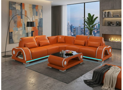 Ecksofa L-Form Orange Weiß Couchtisch LED Wohnzimmer Design Möbel *
