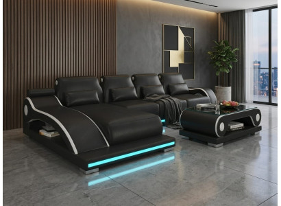 Ecksofa L-Form Schwarz LED Couchtisch Wohnzimmer Design Möbel Set *