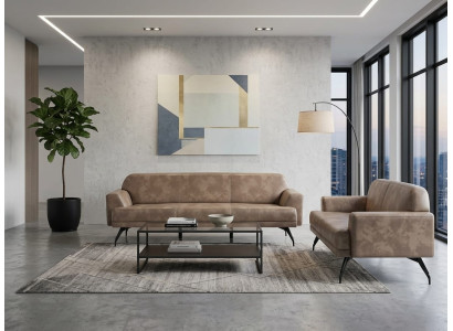 Couchgarnitur 3-Sitzer-Sofa 2-Sitzer-Sofa Leder Beige Modern