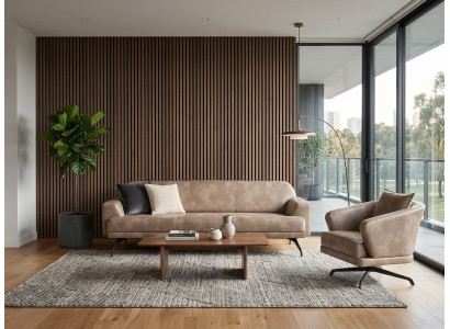 Couchgarnitur 3-Sitzer-Sofa Sessel Leder Beige Modern Elegant