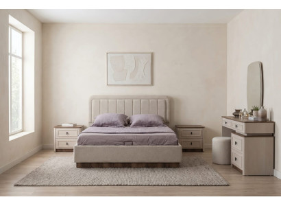 Design Schlafzimmer Set Beige Modern Luxus Bett Kommode Hocker Premium