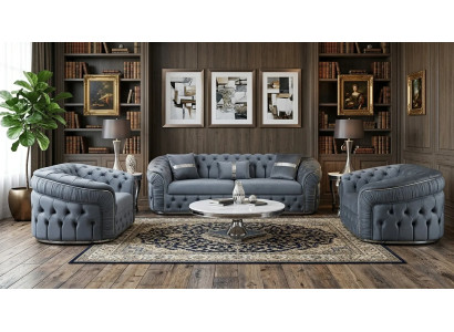 Moderne Graue Chesterfield Polstergarnitur 2x Sessel Dreisitzer