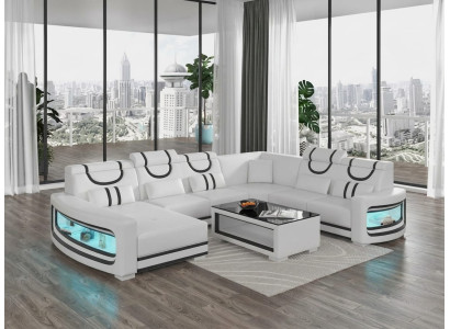 Wohnlandschaft U-Form Weiß LED Couchtisch Wohnzimmer Design Möbel Set *