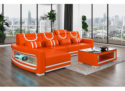 Ecksofa L-Form Orange LED Couchtisch Wohnzimmer Design Möbel Set Luxus *