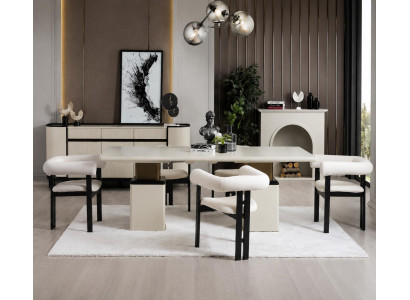 Weiße Esszimmergarnitur Robuster Esstisch 4x Polsterstühle Sideboard