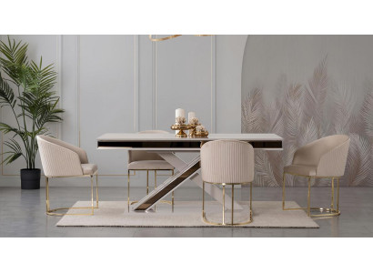 Beige Essgruppe Exklusiver Rechteckiger Esstisch 4x Edelstahlstühle