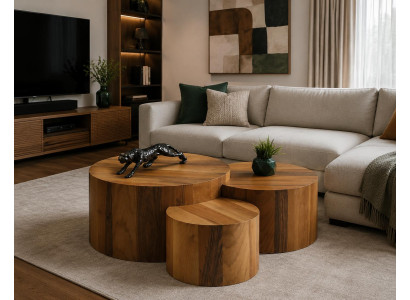 Elegantes 3er Couchtisch Set Walnuss Rund modern Wohnzimmer