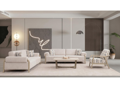 Sofa Set 3+3+1 Beige Bouclé Modern Skandinavisch Design Garnitur