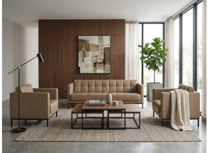 Modernes Wohnzimmer Set Sofa 2 Sessel Beige Leder Polstermöbel