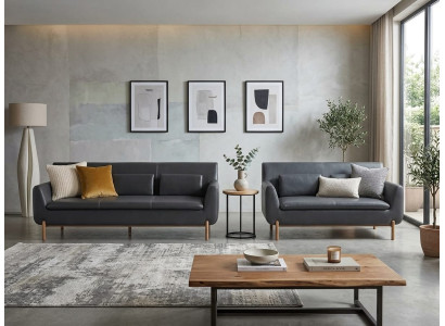 Modernes Wohnzimmer Set 2 Sofas Anthrazit Leder Polstermöbel
