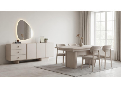 Esszimmer Set Beige Modern Ausziehbar Tisch 4 Stühle Kommode