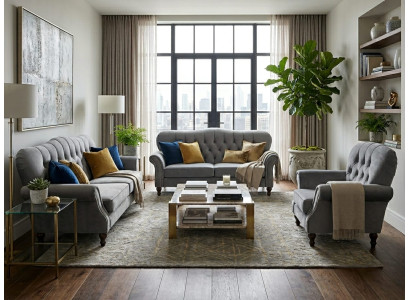 Graues Wohnzimmer-Set 3+3+1-Sitzer-Sofas und Sessel Sofagarnitur Wohnzimmer
