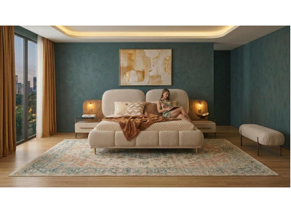Bett 2x Nachttische Bank Schlafzimmer Stil modern beige komfortabel
