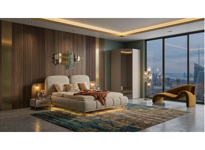 Bett 2x Nachttische Eckschrank Schlafzimmer Stil modern beige praktisch