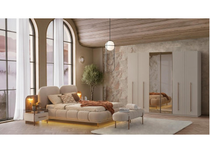 Beige Schlafzimmer Garnitur Polsterbett Kleiderschrank 2x Nachttische