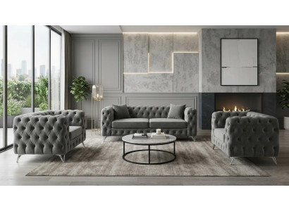 Hochwertige Chesterfield Polstergarnitur Designer Stoffsofa 2x Sessel