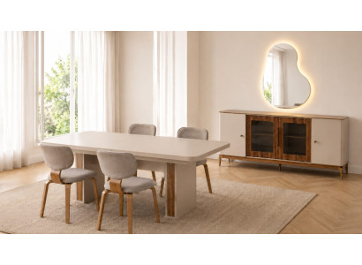 Premium Esszimmer Set Beige Luxus Holz Tisch Stühle Anrichte