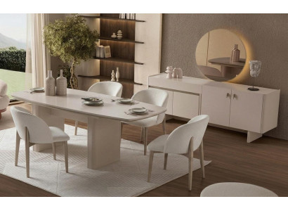 Esszimmer Set Esstisch 4x Stühle Sideboard Spiegel Modern Beige Fein