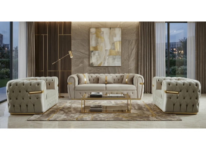 Exklusive Chesterfield Beige Sofagarnitur 3-er 2x Loungesessel