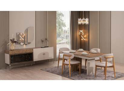 Modernes Esszimmer Set Esstisch Stühle(4x) Kommode Spiegel Beige Holz