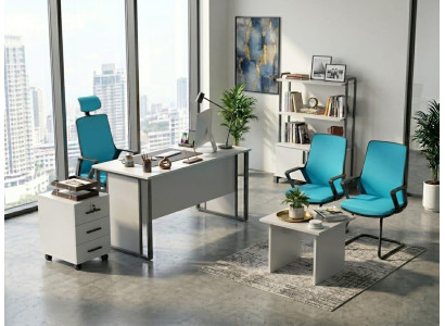 Büromöbelset Blau Weiß Robust Metallgestell Modern Holz