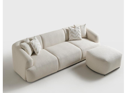 3 Sitzer Sofa Pouff Beige Stoffbezug Weiche Armlehne Wohnzimmer bequem