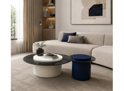Wohnzimmer Tisch Set Couchtisch Rund Glas mit Blauem Beistelltisch