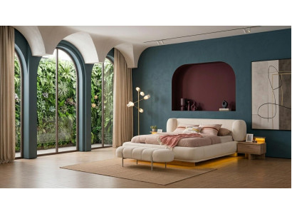 Bett 2x Nachttische Bank Schlafzimmer Stil modern beige praktisch bequem