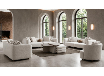 Modernes Wohnzimmer-Set beige 3-Sitzer-Modulsofa Sessel Couchtisch Hocker