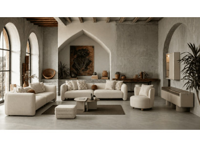 Beiges Wohnzimmer-Set 3-Sitzer Modulsofa Sessel Couchtisch Hocker TV-Möbel